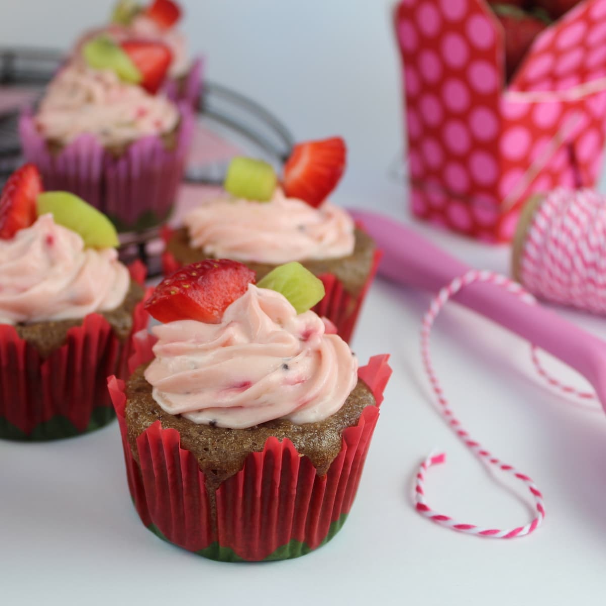 Strawberry Kiwi Cupcakes with Creamy Strawberry Kiwi Frosting