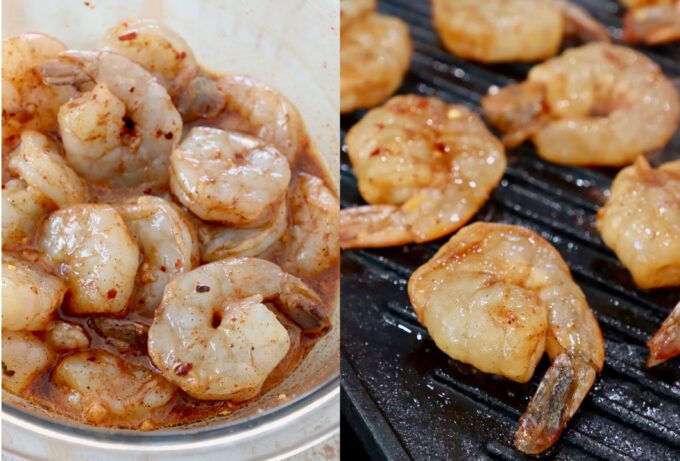 shrimp marinading in bowl and cooking on grill pan