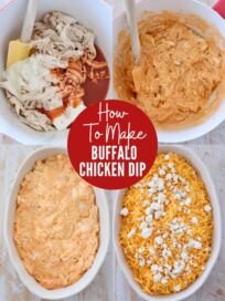 collage of images showing how to make buffalo chicken dip