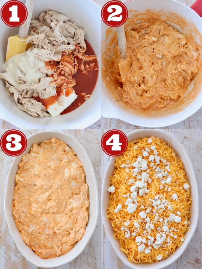 collage of images showing how to make buffalo chicken dip