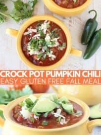 pumpkin chili in yellow bowls topped with shredded cheese, cilantro and diced avocado
