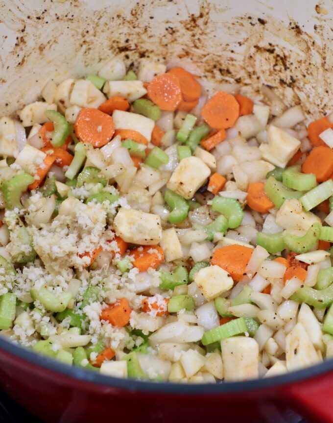 diced vegetables in dutch oven