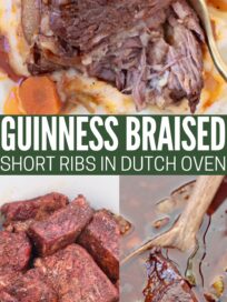 collage of images showing how to make braised short ribs in a dutch oven