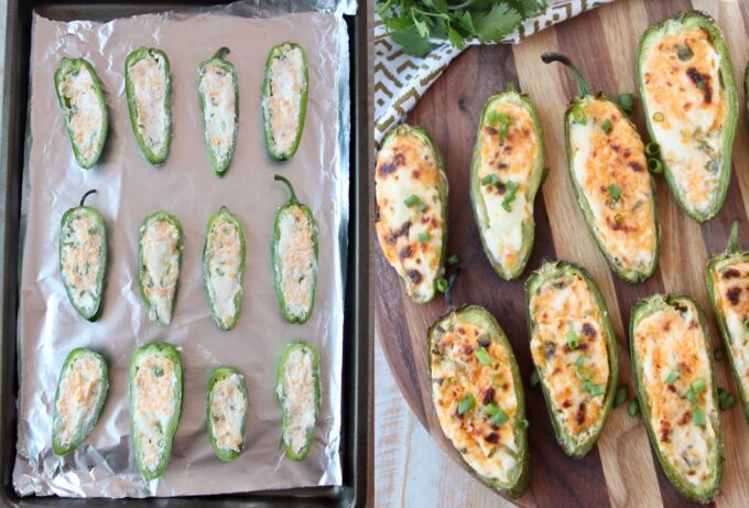 jalapeno poppers on foil lined baking sheet and cooked on wood cutting board
