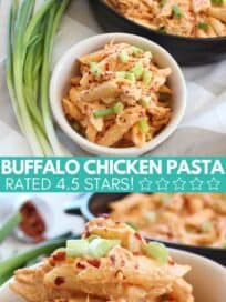 Penne pasta in cheesy buffalo chicken sauce in bowl
