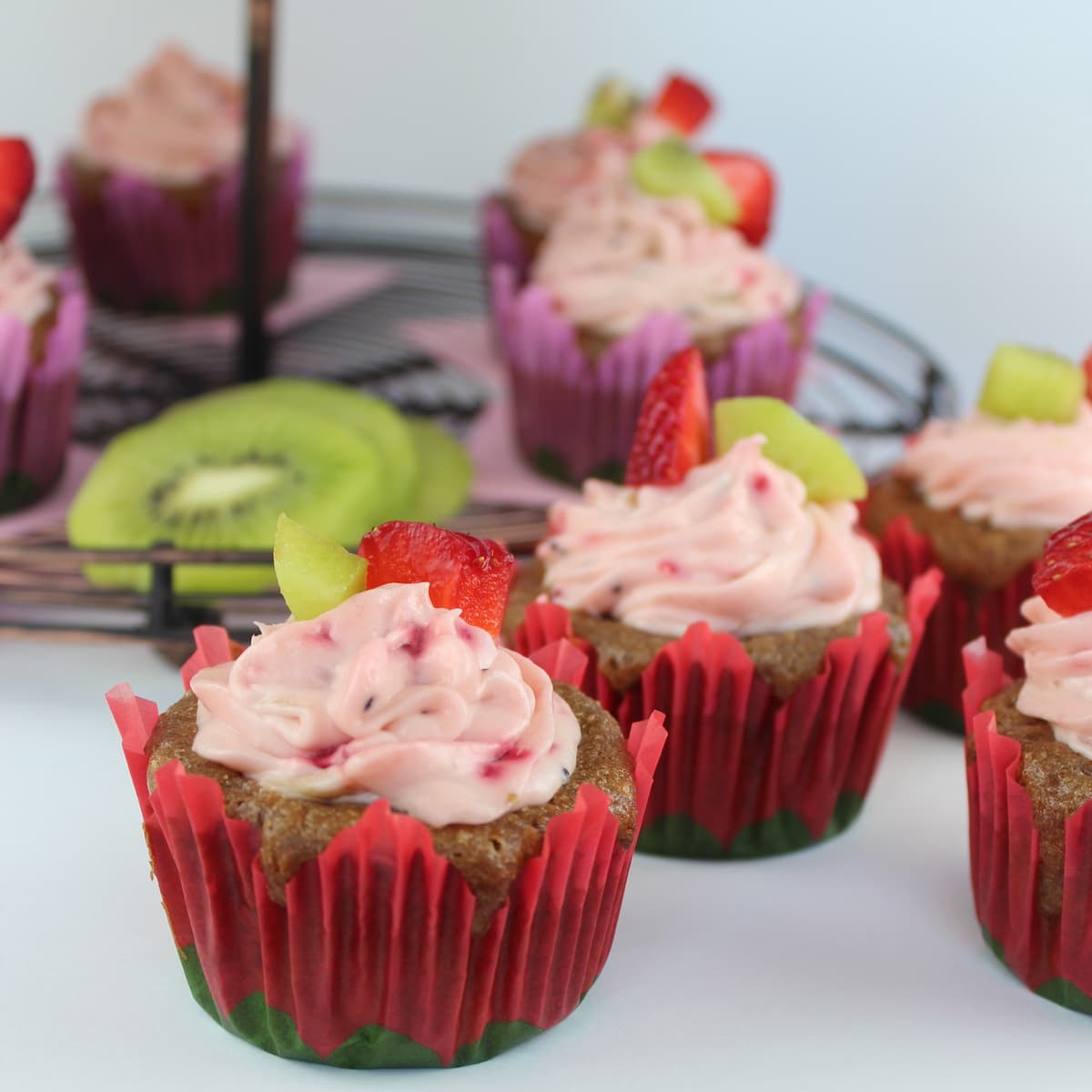 Cupcakes with Strawberry Kiwi Cream cheese Frosting