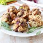 Sausage, potato bread, celery & sage are combined for a little taste of Thanksgiving all rolled up in these Sausage Stuffing Balls, perfect as a side dish or party appetizer!