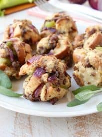 Sausage, potato bread, celery & sage are combined for a little taste of Thanksgiving all rolled up in these Sausage Stuffing Balls, perfect as a side dish or party appetizer!