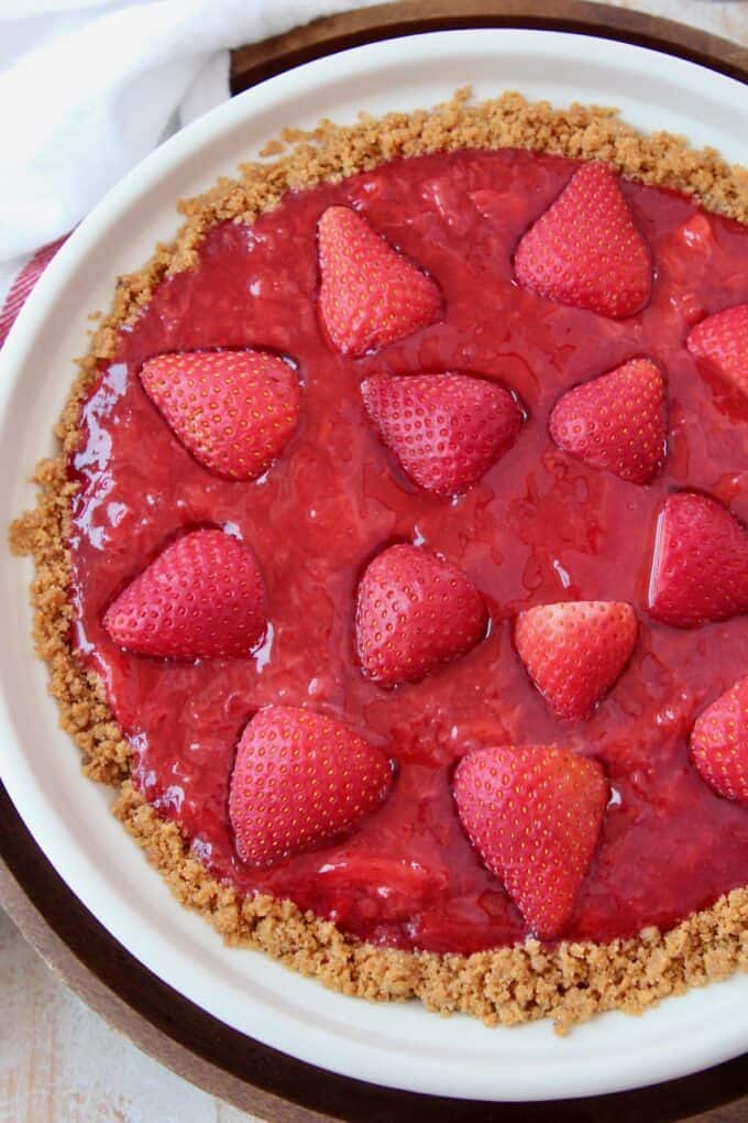 Overhead image of fresh strawberry pie in pie plate
