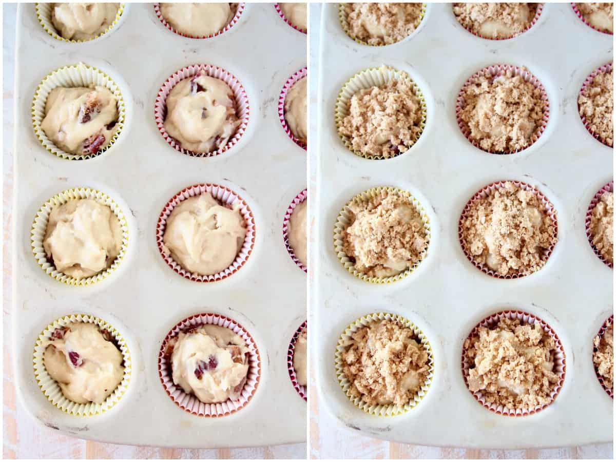 Images showing how to make bacon maple muffins with a brown sugar crumble