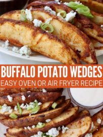 Buffalo potato wedges topped with green onions and blue cheese crumbles on a white plate. A small bowl of dipping sauce is on the side.