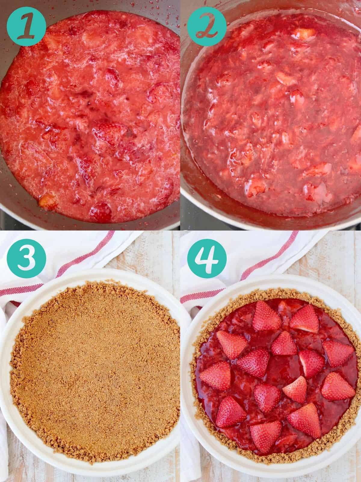 Instructional images showing how to make a strawberry pie with graham cracker crust