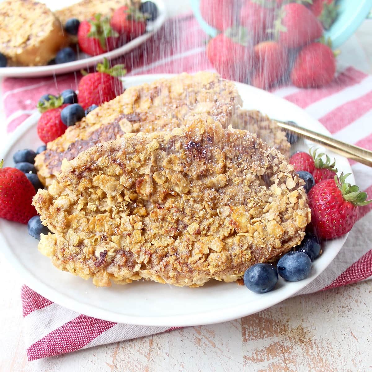 Cornflake crusted french toast is a delicious and easy breakfast recipe that takes traditional french toast and gives it a crispy twist!