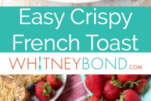 Crispy french toast on plate with fresh strawberries and blueberries with gold fork
