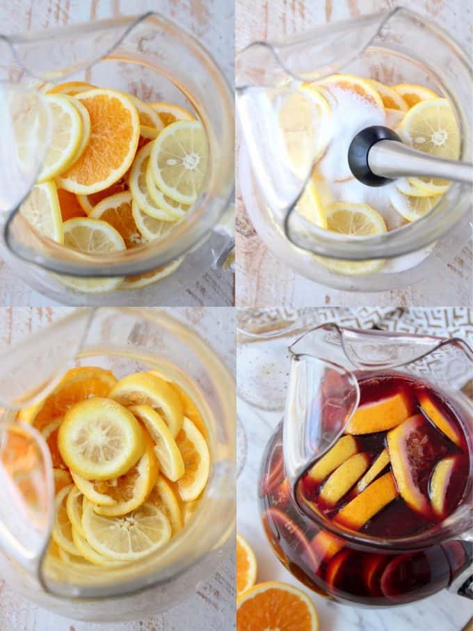 Collage of images showing how to make red wine sangria