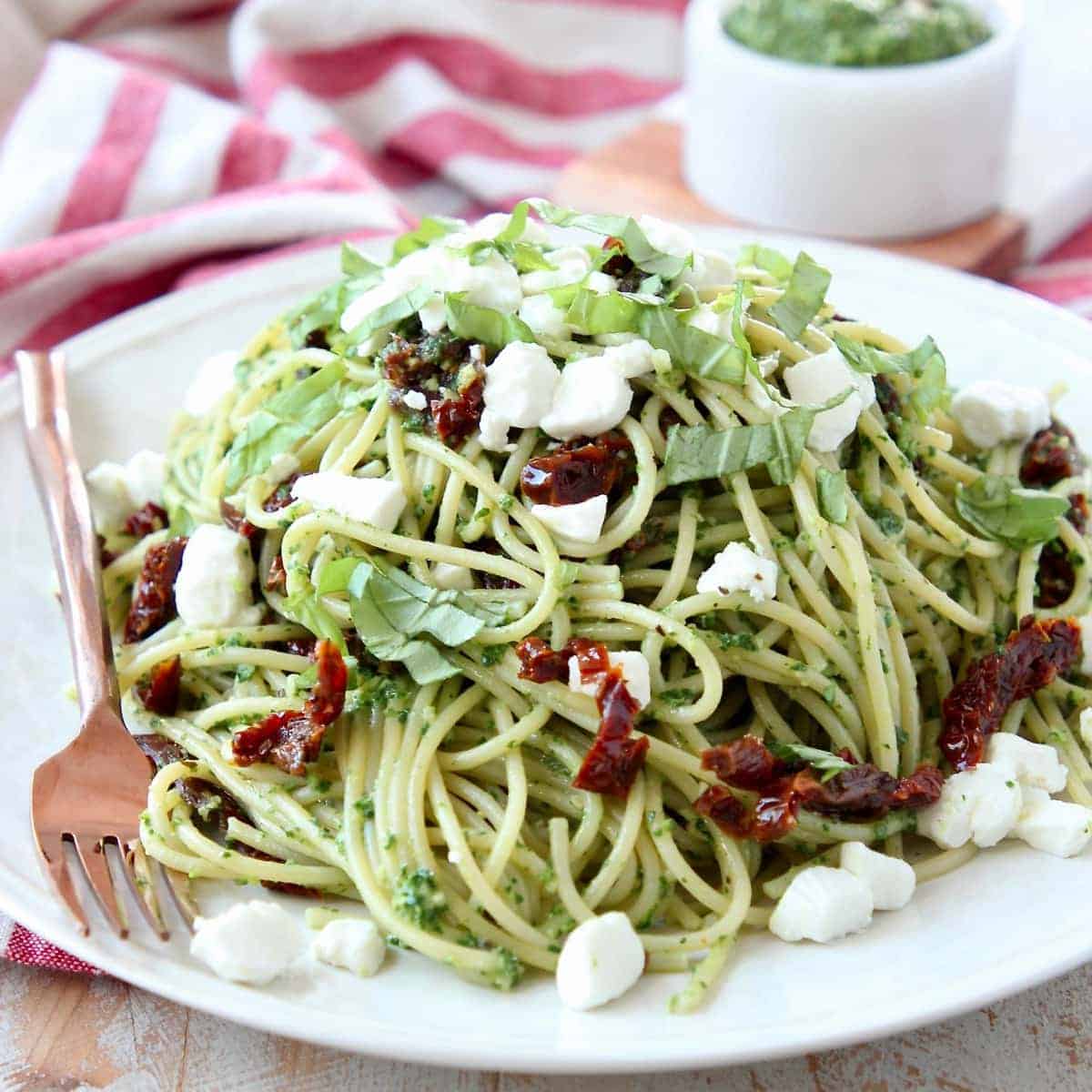 Kale Pesto Spaghetti with Goat Cheese