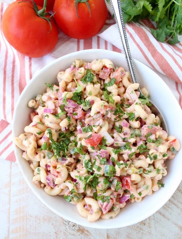 Spicy Macaroni Salad with diced tomatoes, onions and cilantro