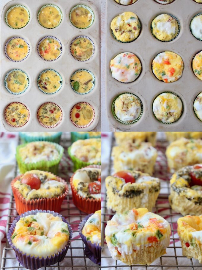 collage of images showing how to make egg muffins with paper liners