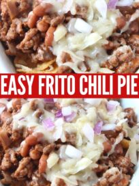 frito chili pie topped with cheese and diced red onion