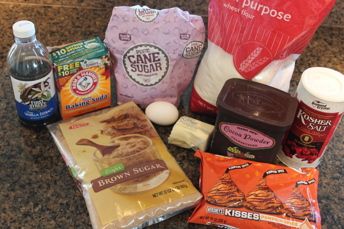 Chocolate Pumpkin Kiss Cookie Ingredients on a granite countertop