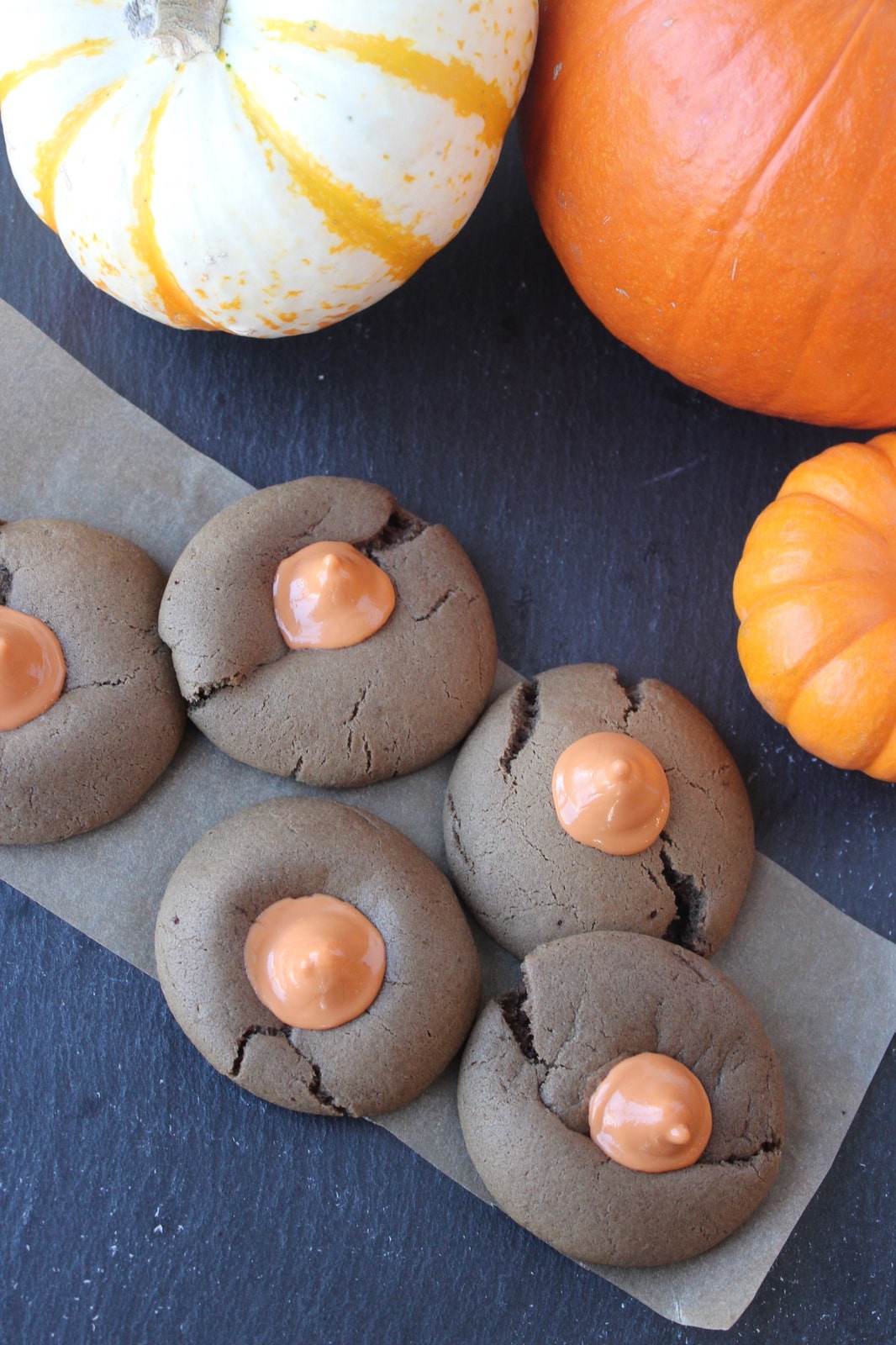 Chocolate Cookies topped with pumpkin Hershey kisses