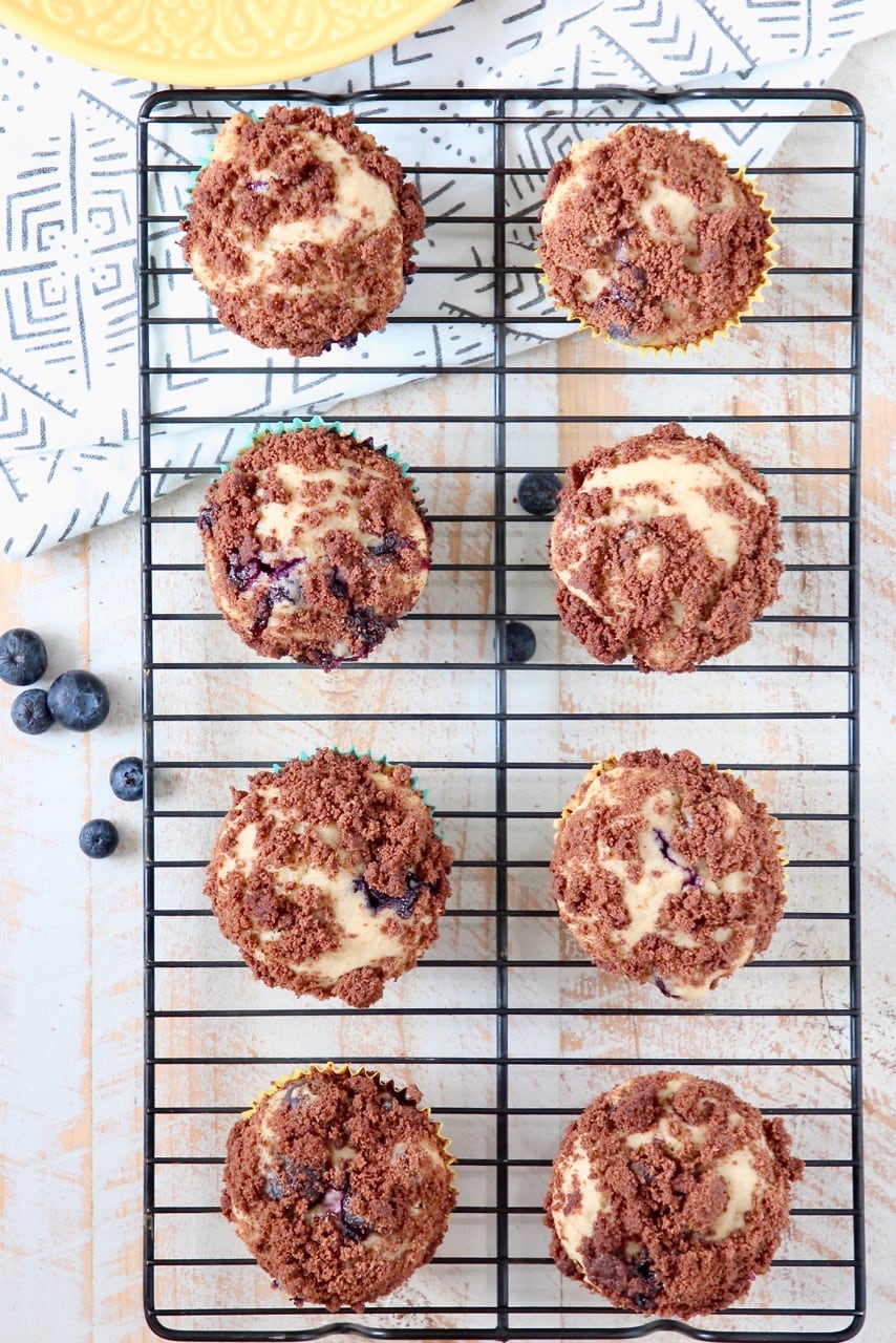 Blueberry Cream Cheese Muffins with Chocolate Crumble on Wire Baking Rack
