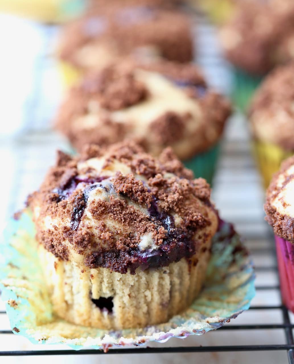 Blueberry Cream Cheese Muffins with Chocolate Crumble with Wrapper Open