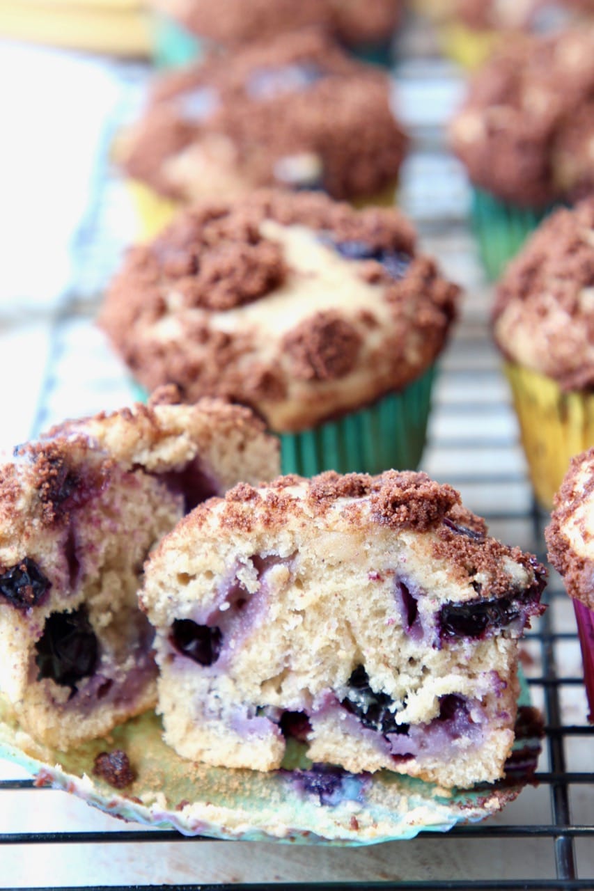 Blueberry Cream Cheese Muffins with Chocolate Crumble Cut in Half