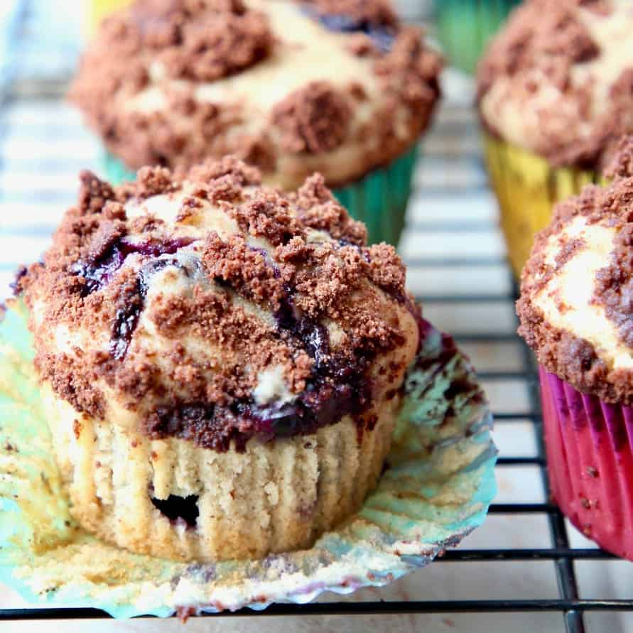Blueberry Cream Cheese Muffins with Chocolate Crumble