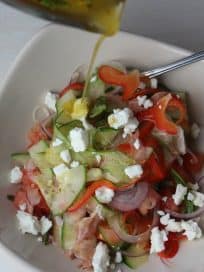 cucumber prosciutto salad, greek salad, greek prosciutto salad, cucumber ribbons, spiral slicer, greek vinaigrette salad dressing, homemade greek vinaigrette, homemade greek salad dressing, recipes, food