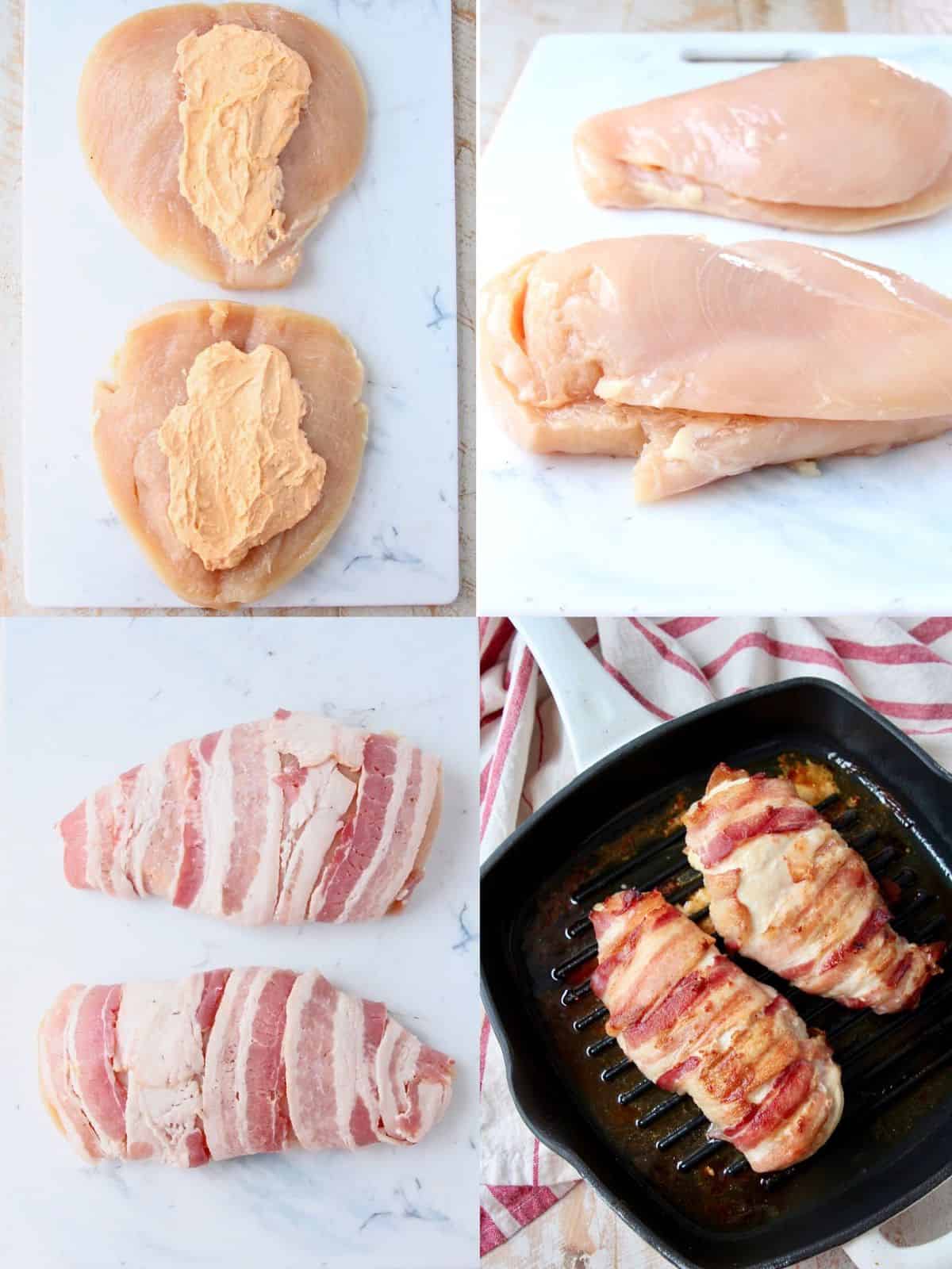 Collage of images showing how to make bacon wrapped stuffed chicken breasts