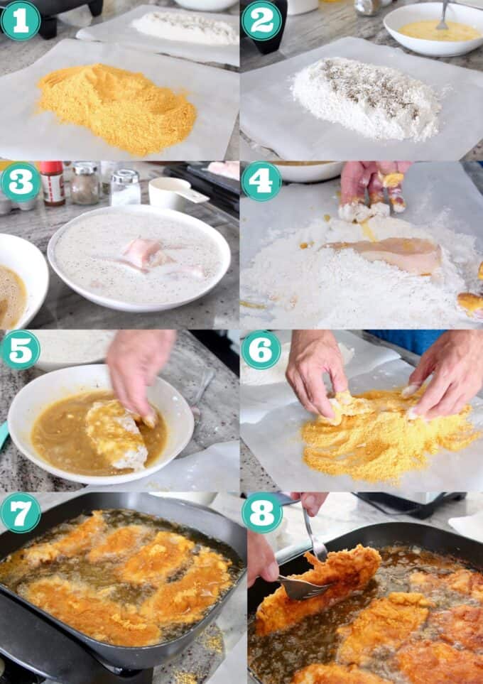 Collage of images showing how to make captain crunch chicken