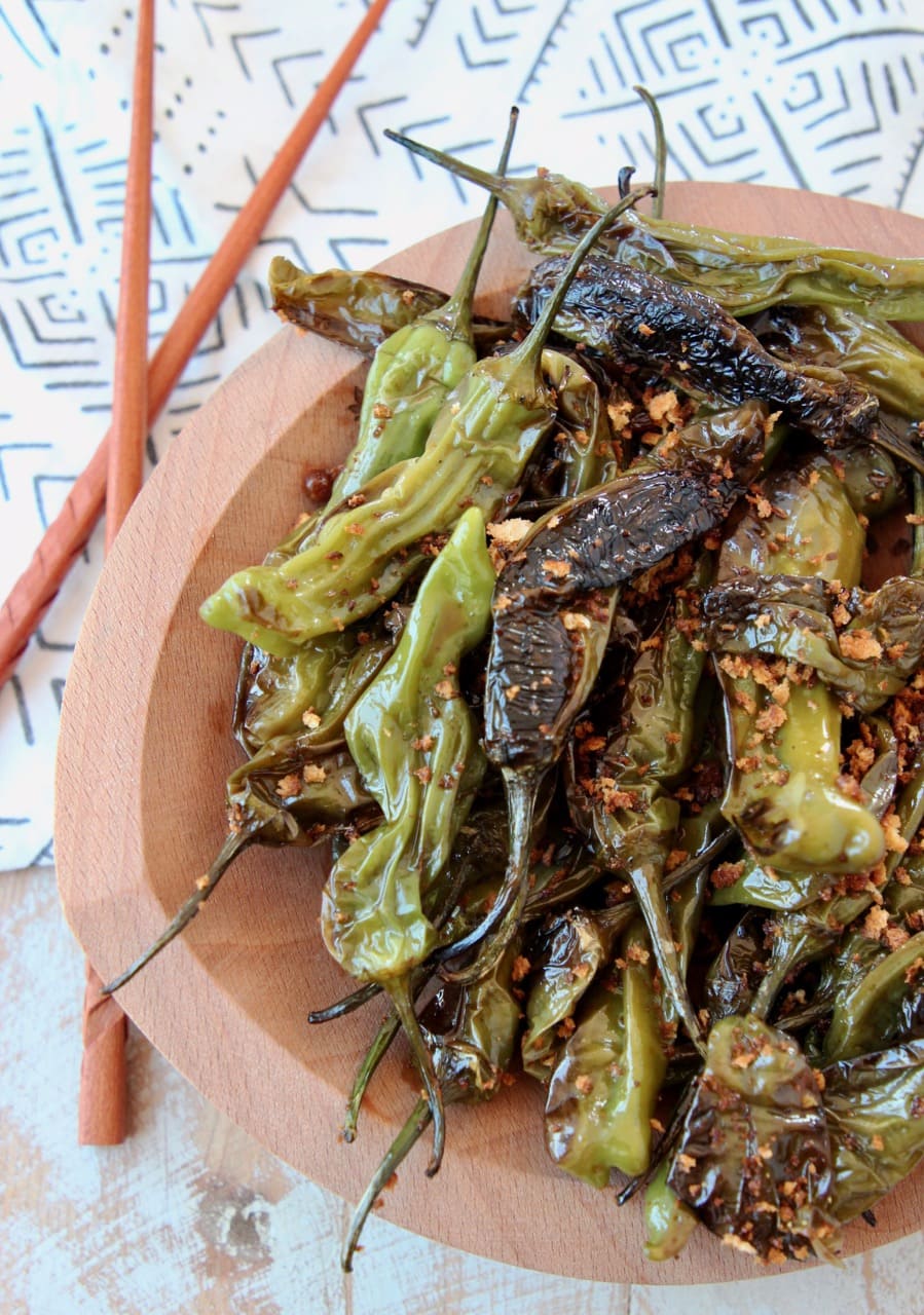 Sauteed Shishito Peppers in Soy Ginger Sauce with Chopsticks