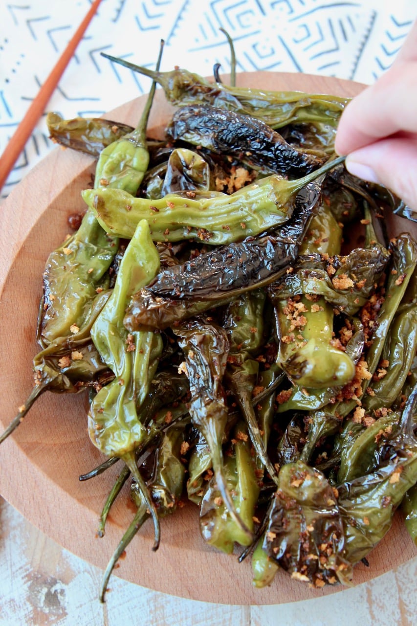 Blistered Shishito Peppers in Soy Ginger Sauce with Crispy Panko Breadcrumbs