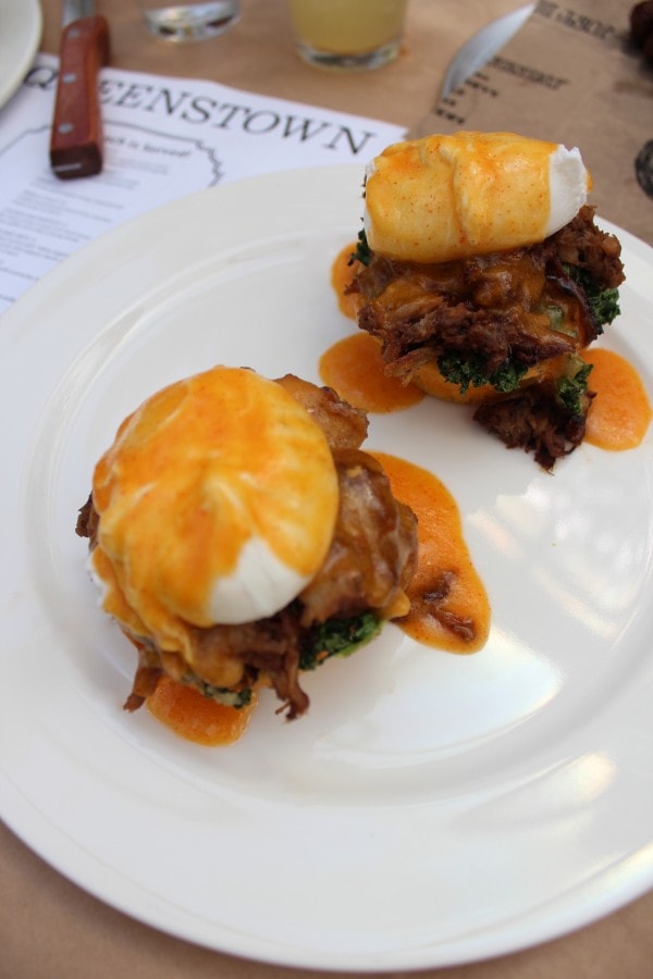 Queenstown Brunch Oink with Jalapeño Cornbread, Pulled Pork and Poached Egg