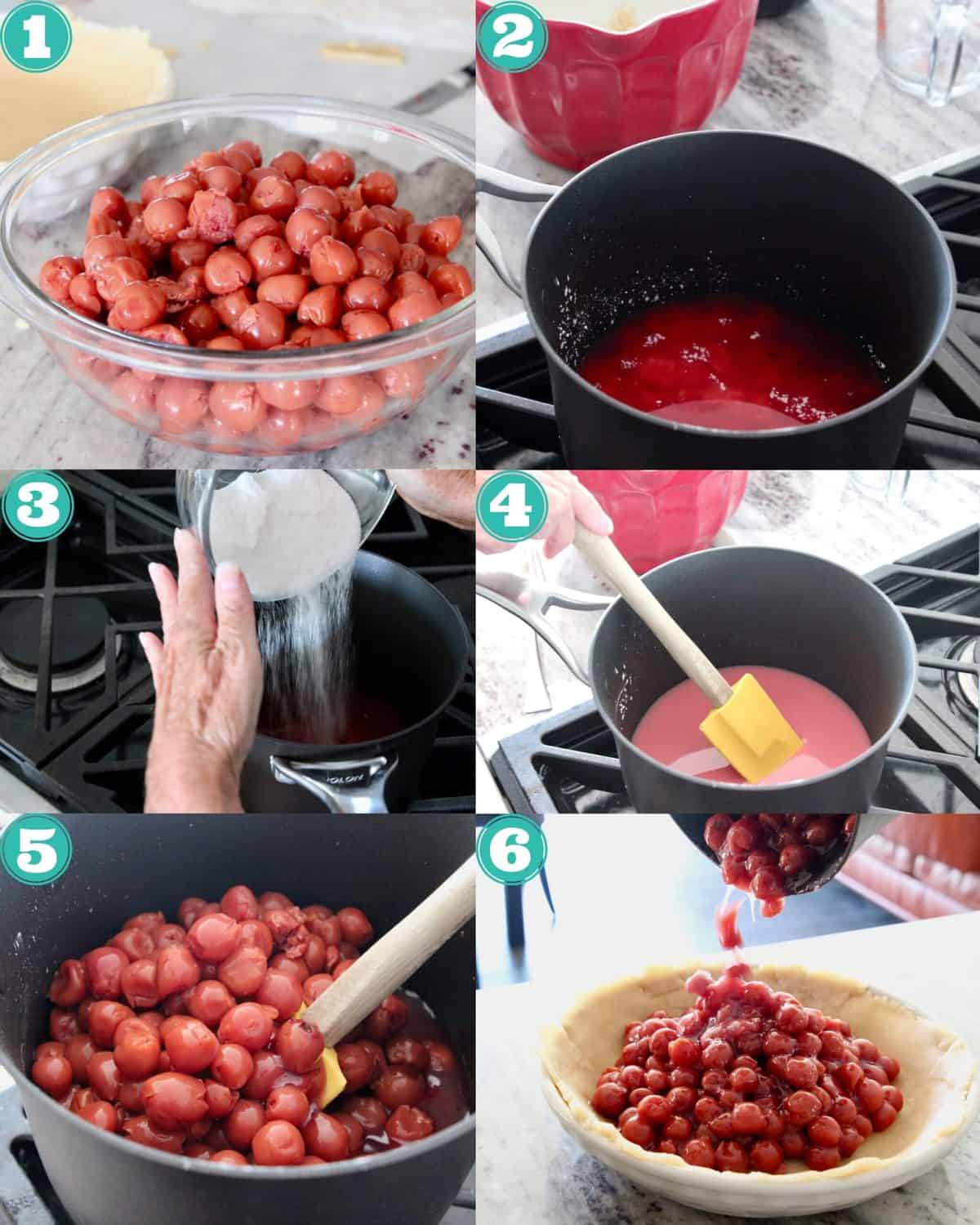 collage of images showing how to make homemade cherry pie filling