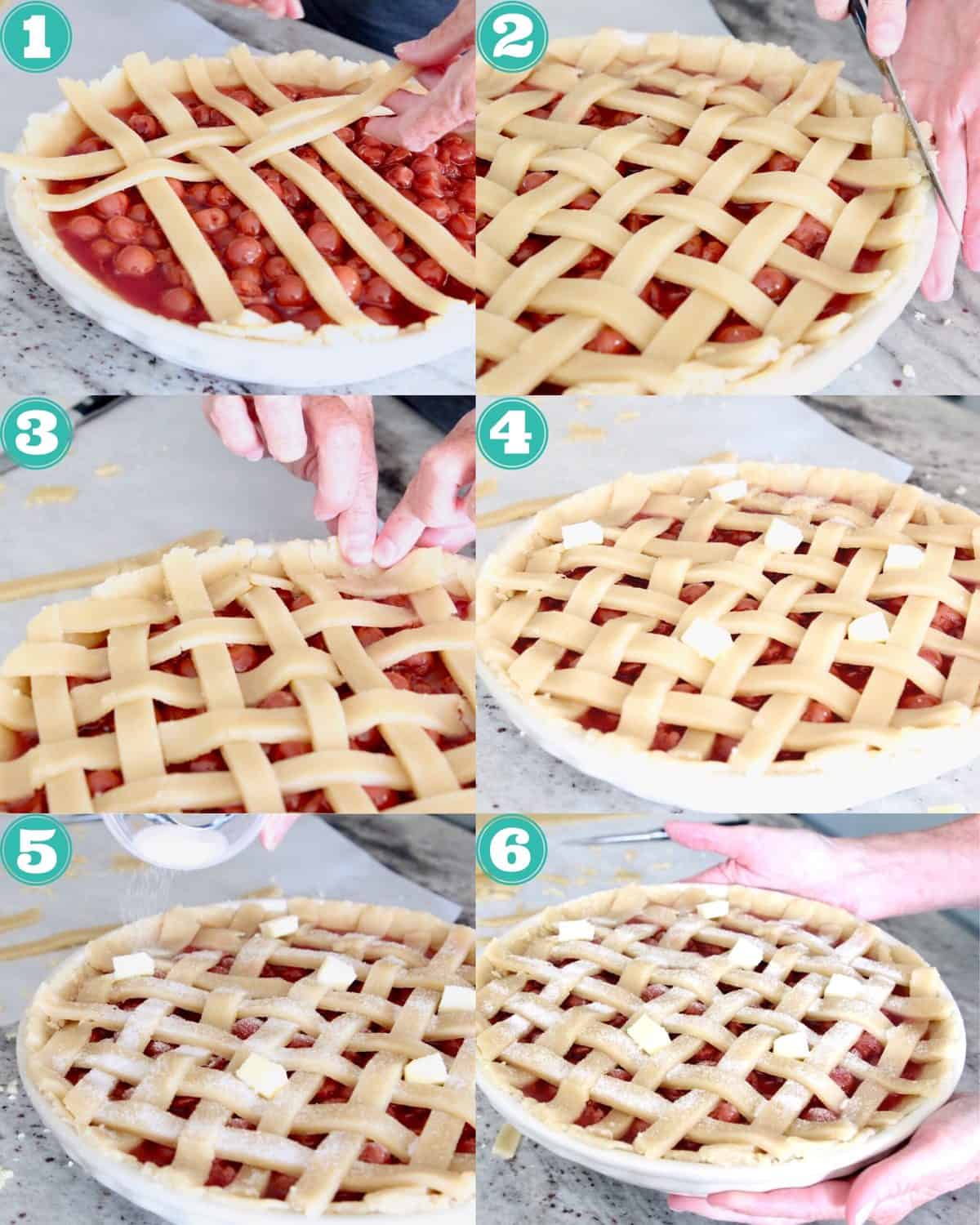 collage of images showing how to make lattice crust on a cherry pie