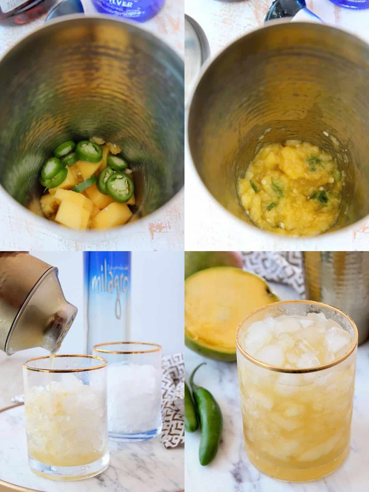 Collage of images showing how to make spicy mango margaritas