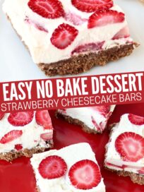 strawberry cheesecake bars on plate and on red serving tray