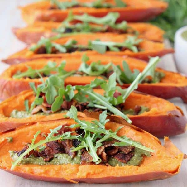 Healthy Sweet Potato Skins with Sage Pesto & Bacon | WhitneyBond.com
