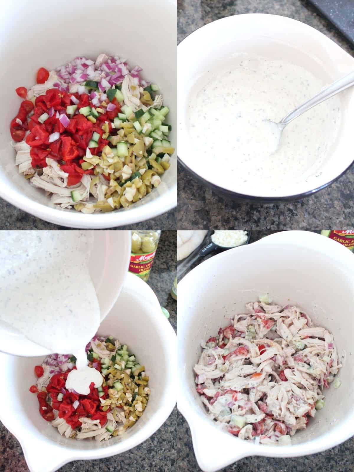 collage of images showing how to make greek chicken salad