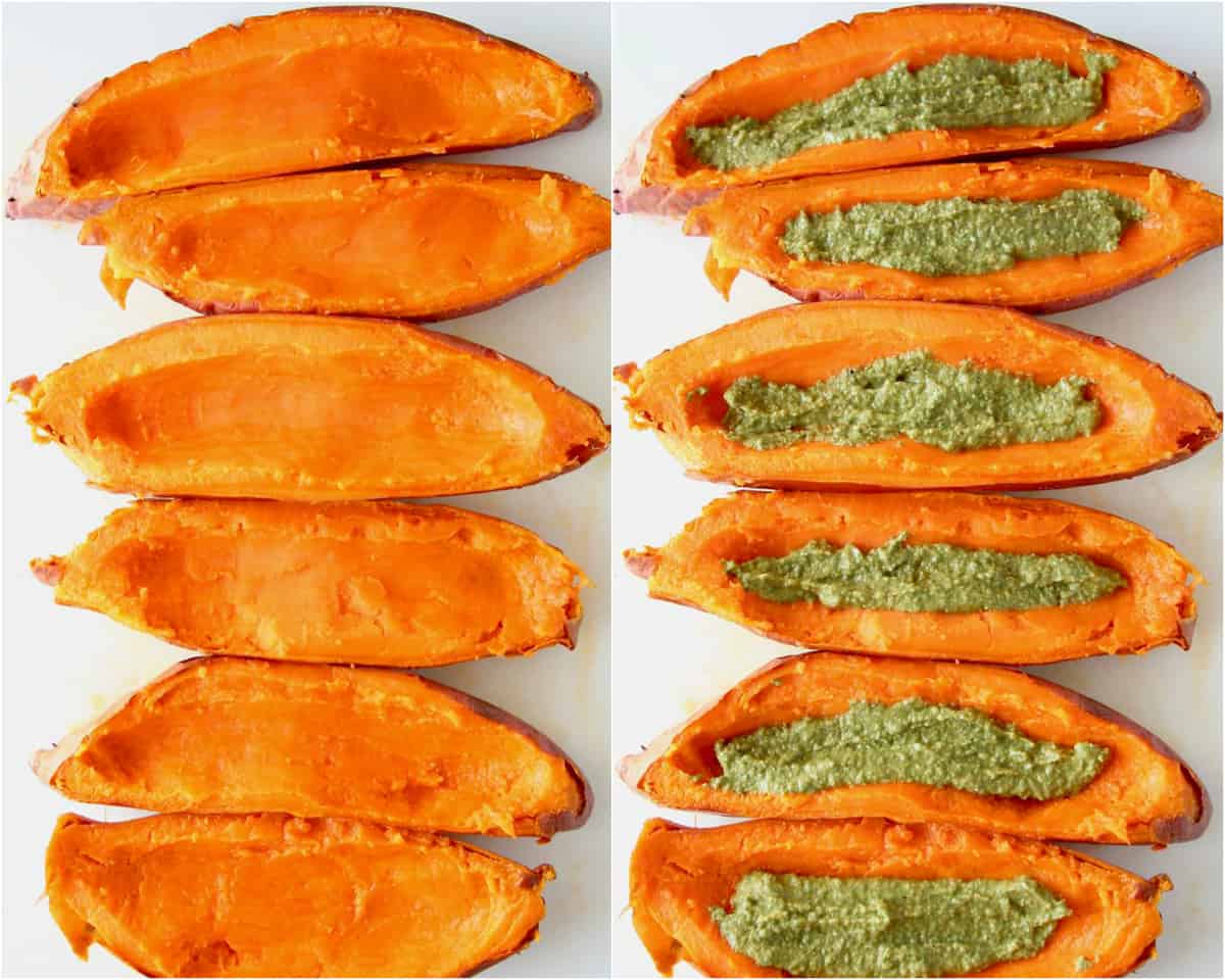 Collage of images showing how to make sweet potato skins with pesto