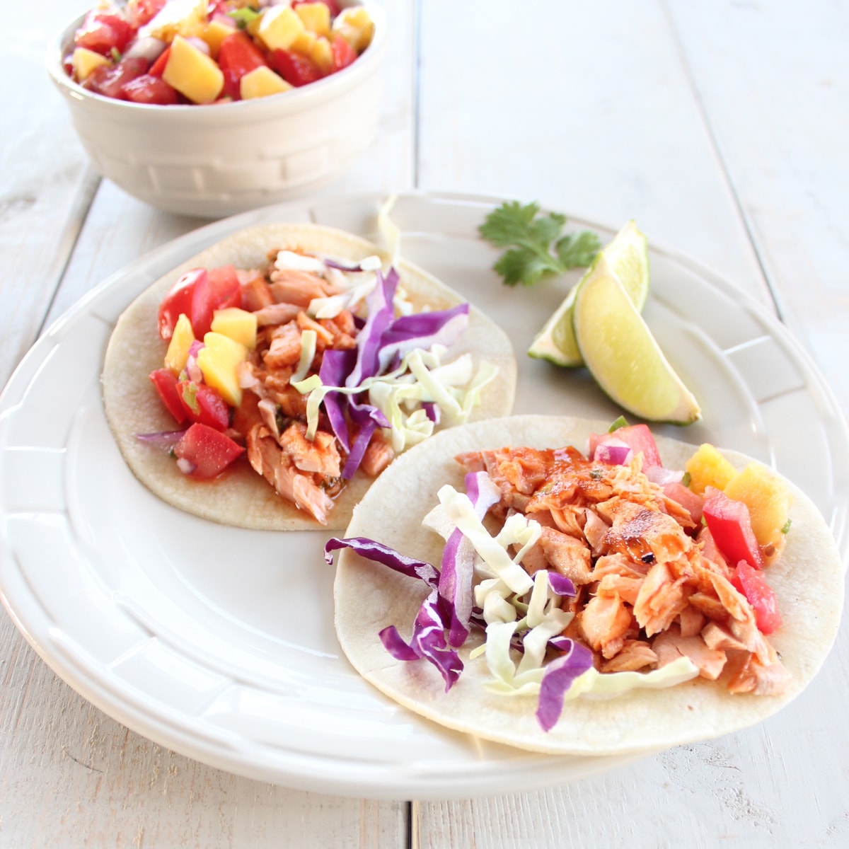 Chipotle Honey Salmon Tacos with Mango Salsa