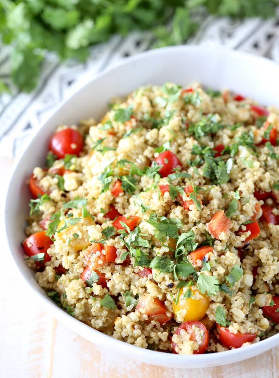 Quinoa Grilled Corn Salad with Cherry Tomatoes, Bell Peppers and Creamy Avocado Dressing