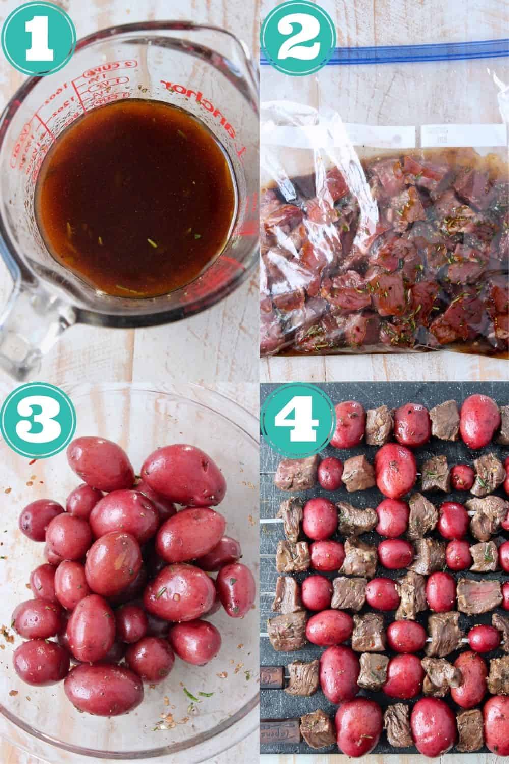 collage of images showing how to make steak and potato skewers