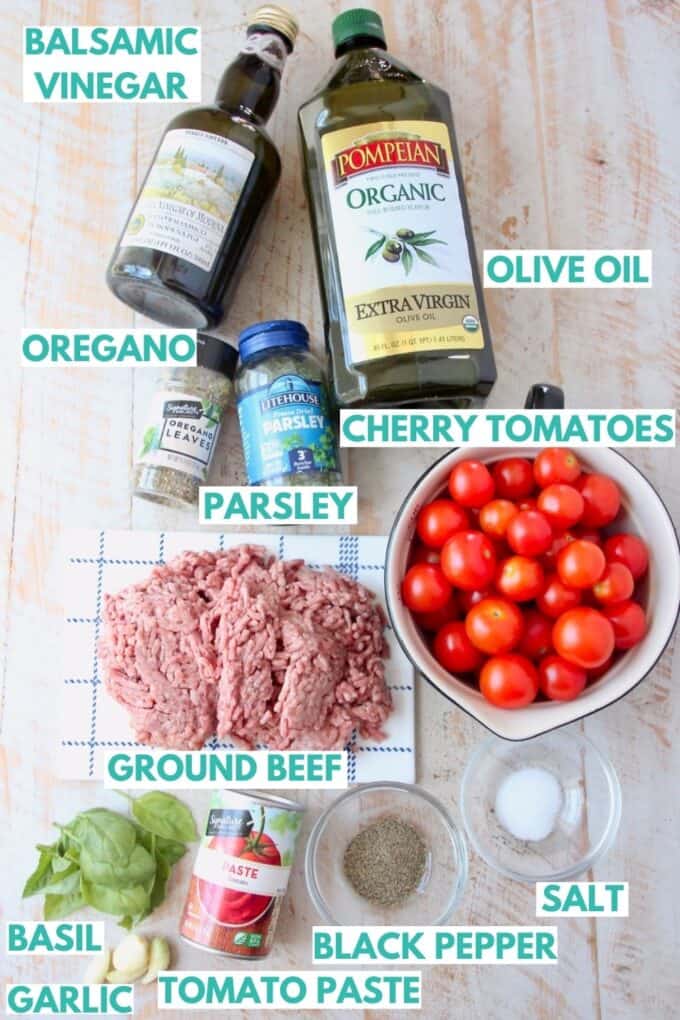 ingredients for roasted tomato meat sauce