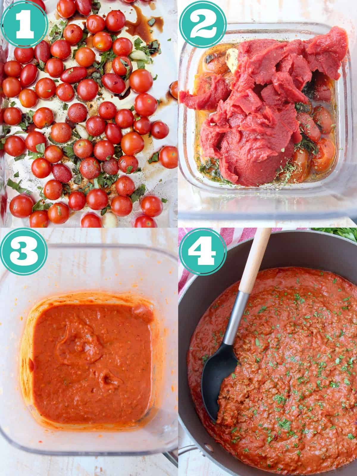 collage of images showing how to make roasted tomato meat sauce