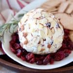 Goat cheese ball on plate surrounded by dried cranberries