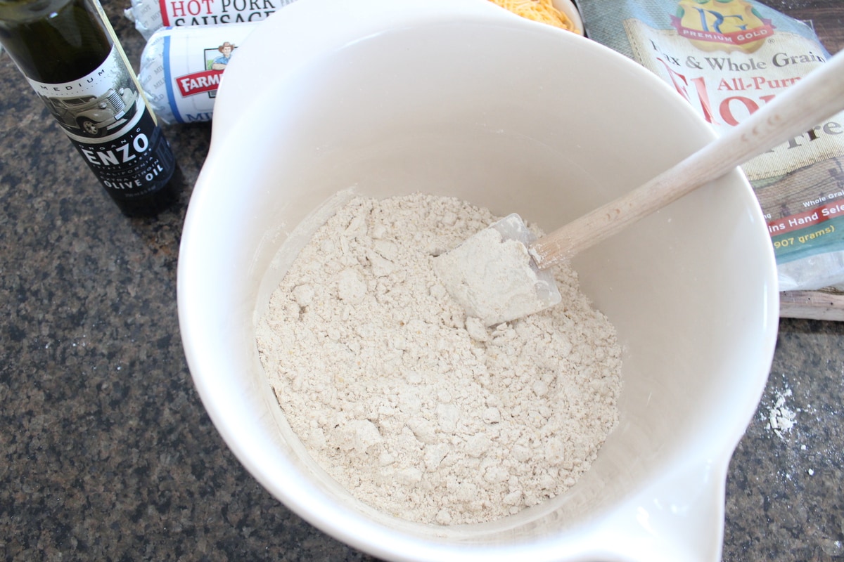 Homemade Gluten Free Bisquick Mix in a white bowl. 