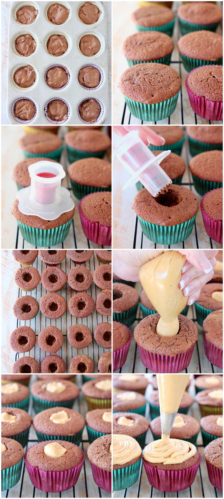 Peanut butter filled chocolate cupcake instructional images